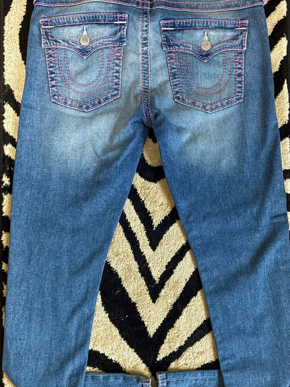 True Religion Mid-Blue Skinny Jeans with Pink Stitching